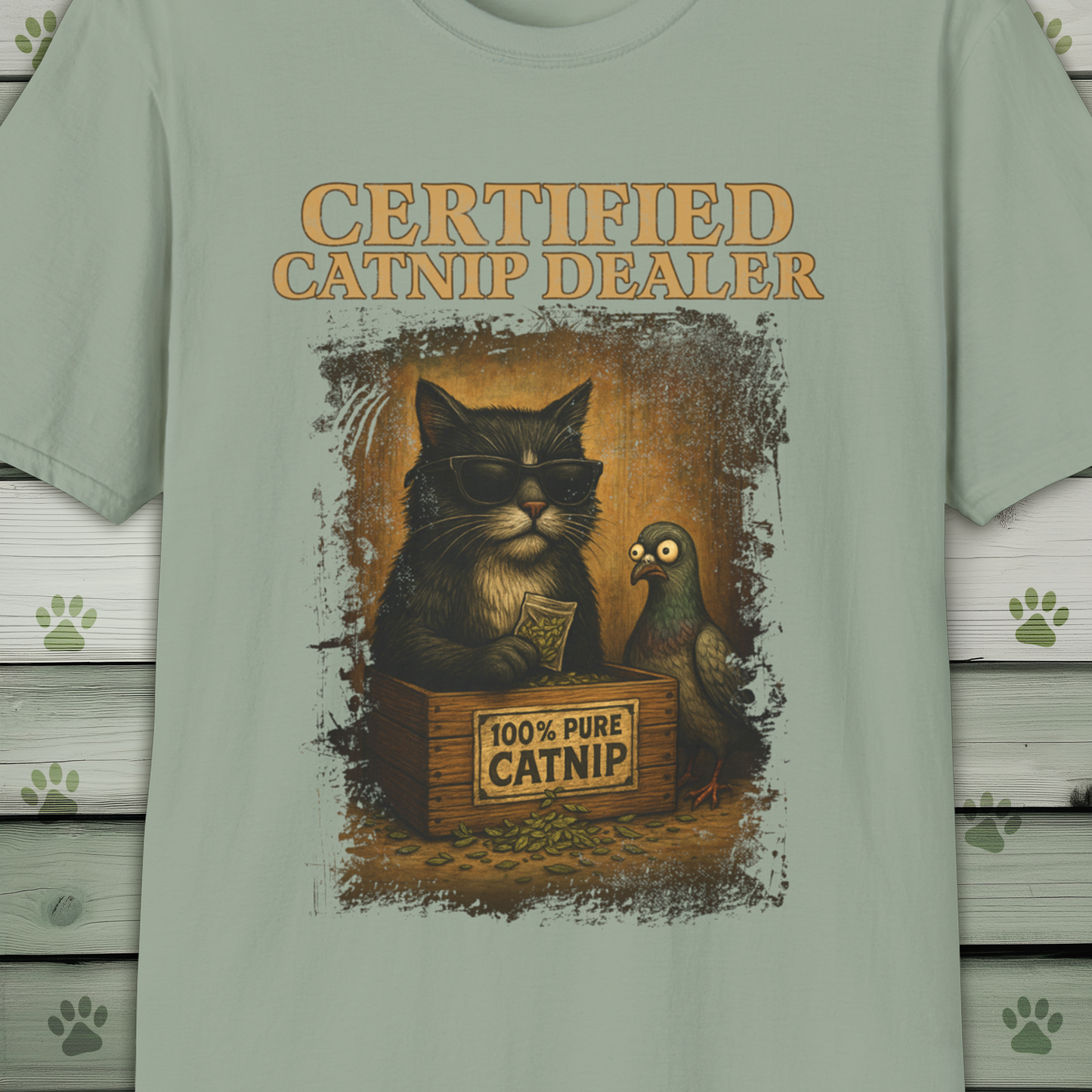 Certified Catnip Dealer T-Shirt – Funny Cat & Pigeon Design