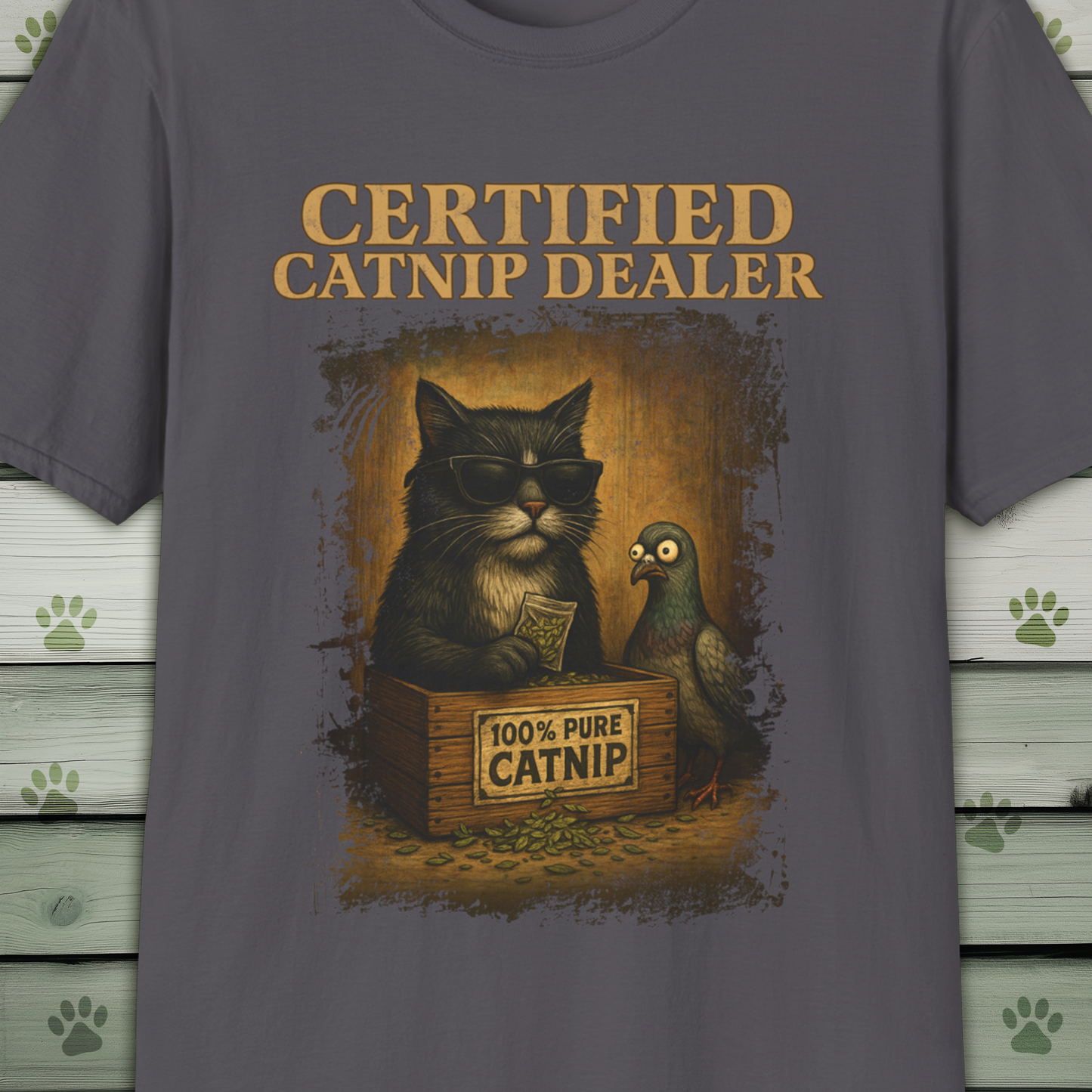 Certified Catnip Dealer T-Shirt – Funny Cat & Pigeon Design