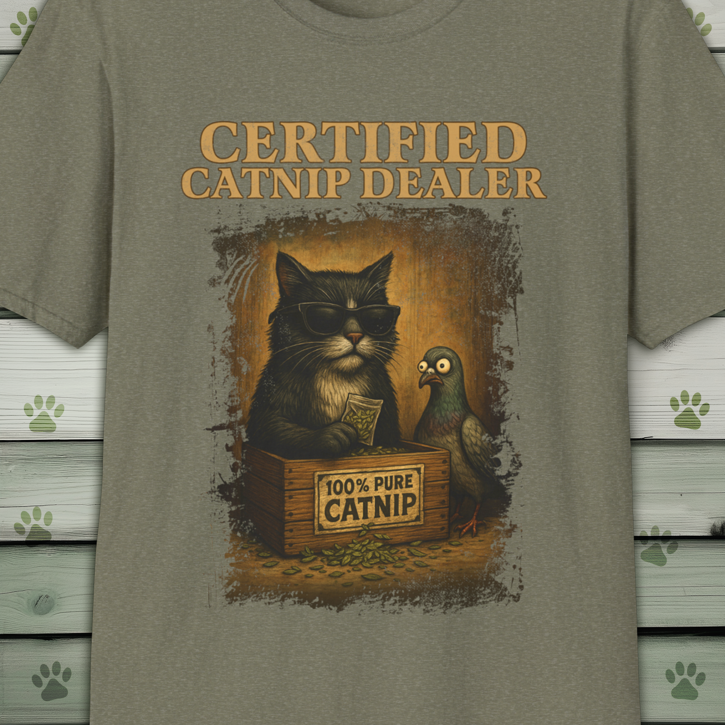 Certified Catnip Dealer T-Shirt – Funny Cat & Pigeon Design