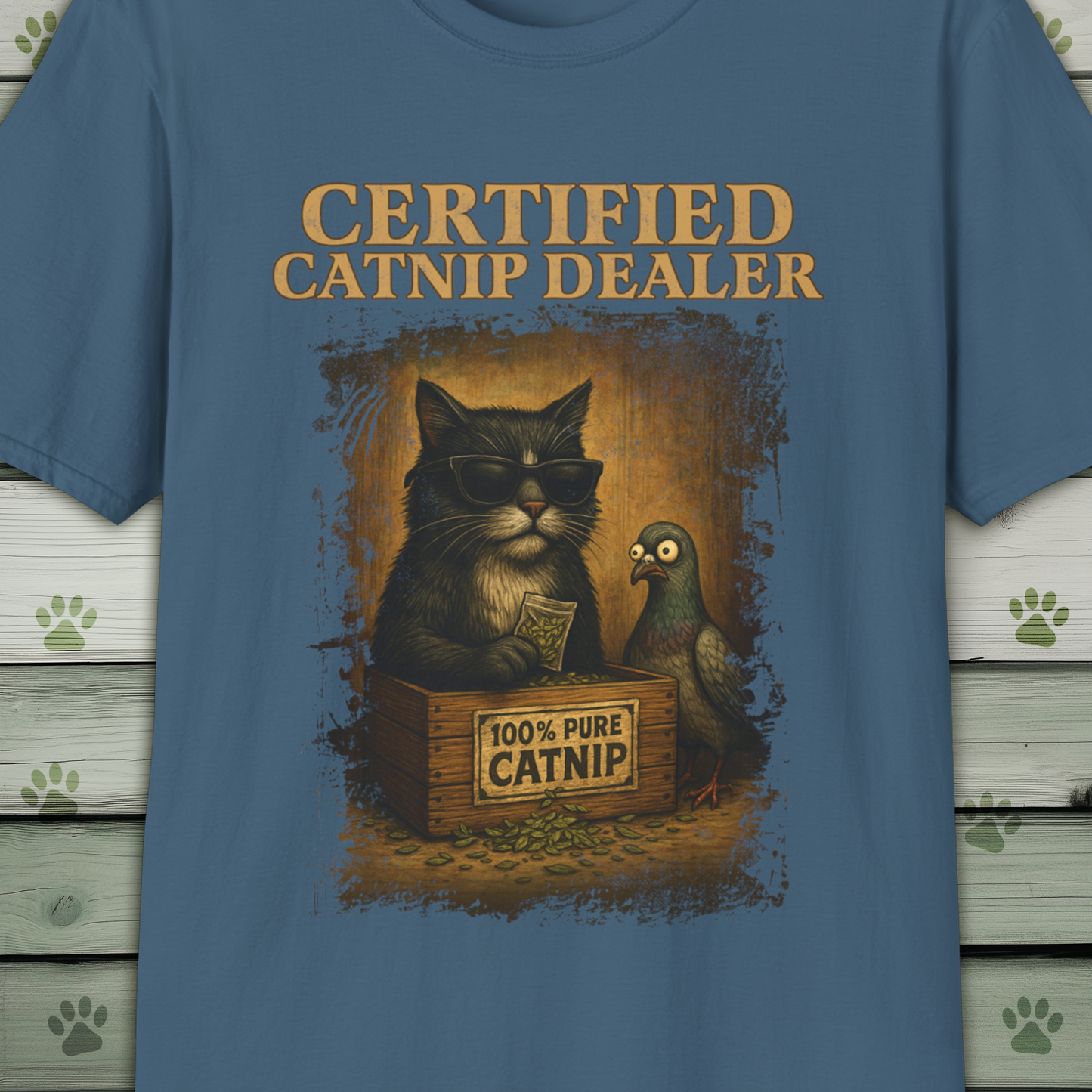 Certified Catnip Dealer T-Shirt – Funny Cat & Pigeon Design