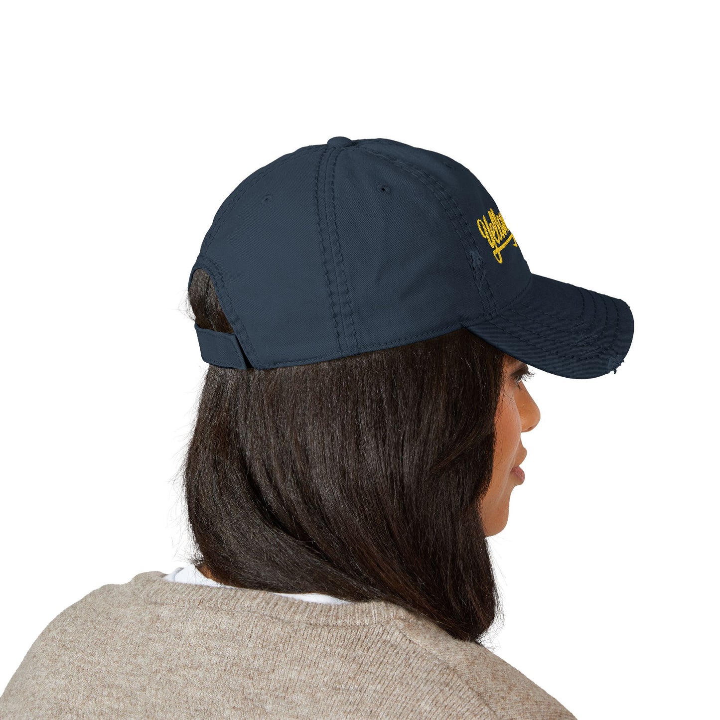 Embroidered Yellowjackets Distressed Cap – Script Logo Vintage Dad Hat