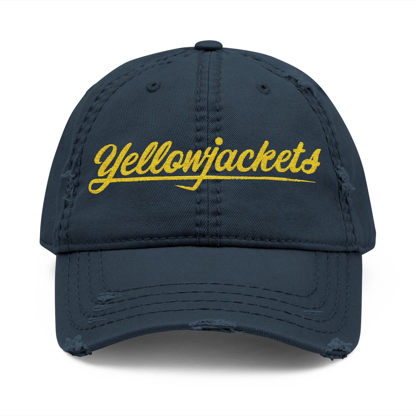 Embroidered Yellowjackets Distressed Cap – Script Logo Vintage Dad Hat