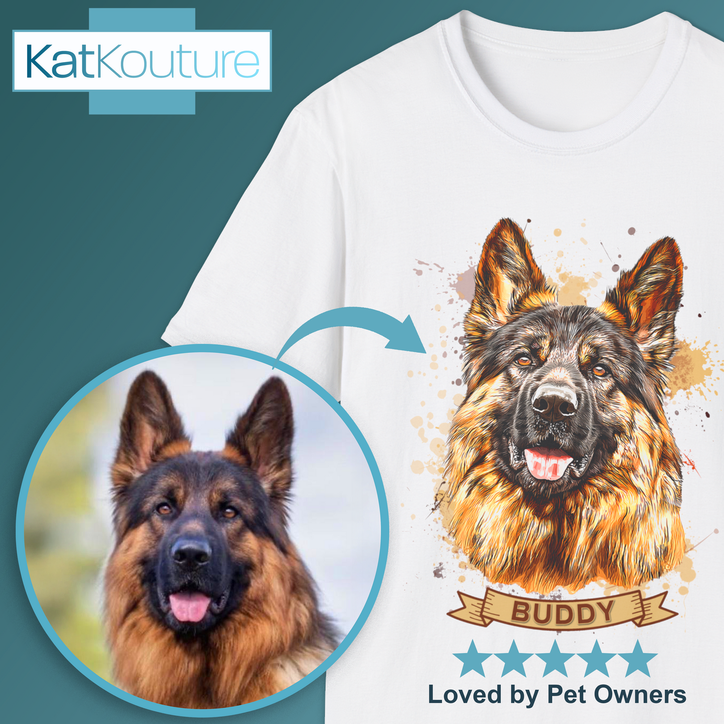 Custom Dog Portrait T-Shirt Personalised Watercolour Illustration