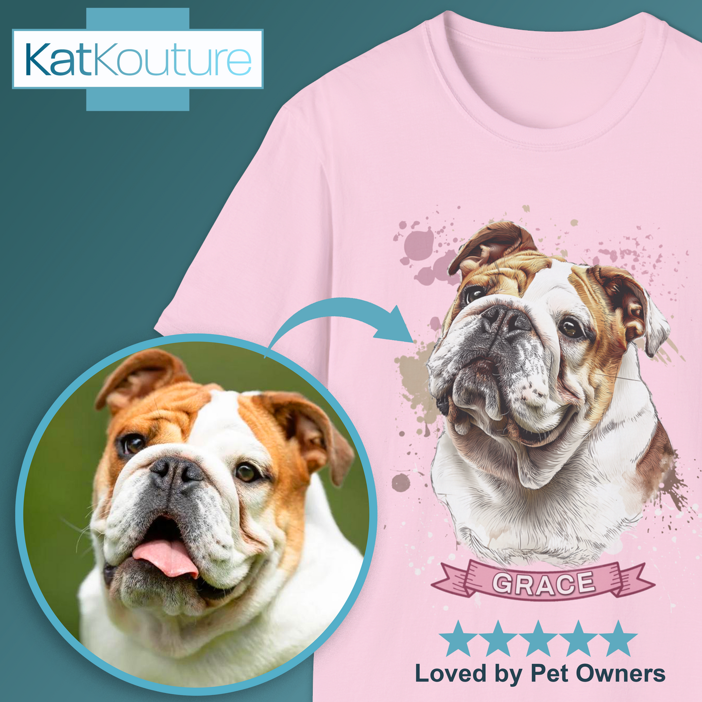 Custom Dog Portrait T-Shirt Personalised Watercolour Illustration