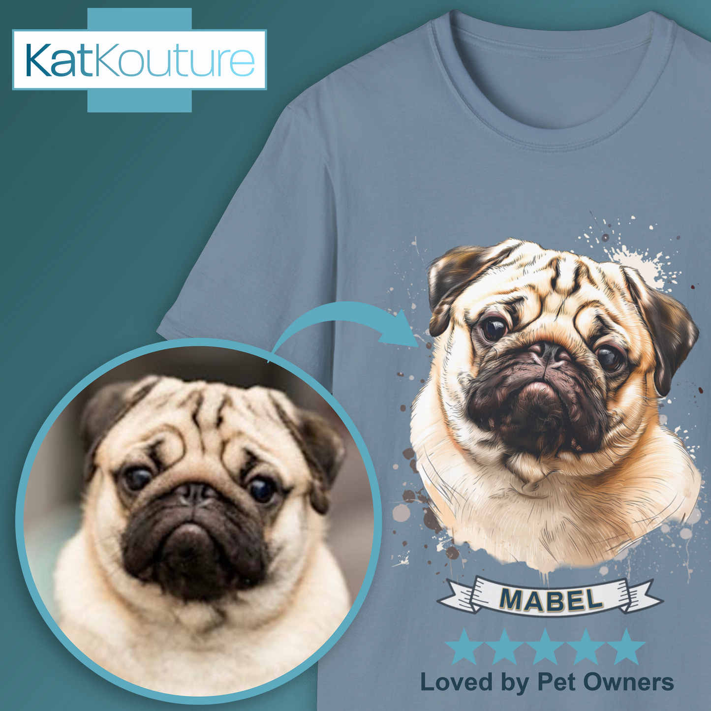 Custom Dog Portrait T-Shirt Personalised Watercolour Illustration