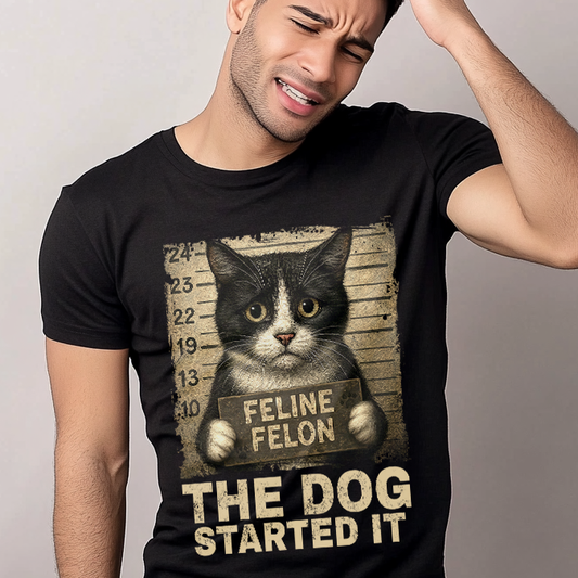 Mugshot T-Shirt – Feline Felon "The Dog Started It"