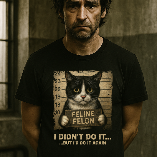 Feline Felon Mugshot Black & White Cat T-Shirt – Catitude Style