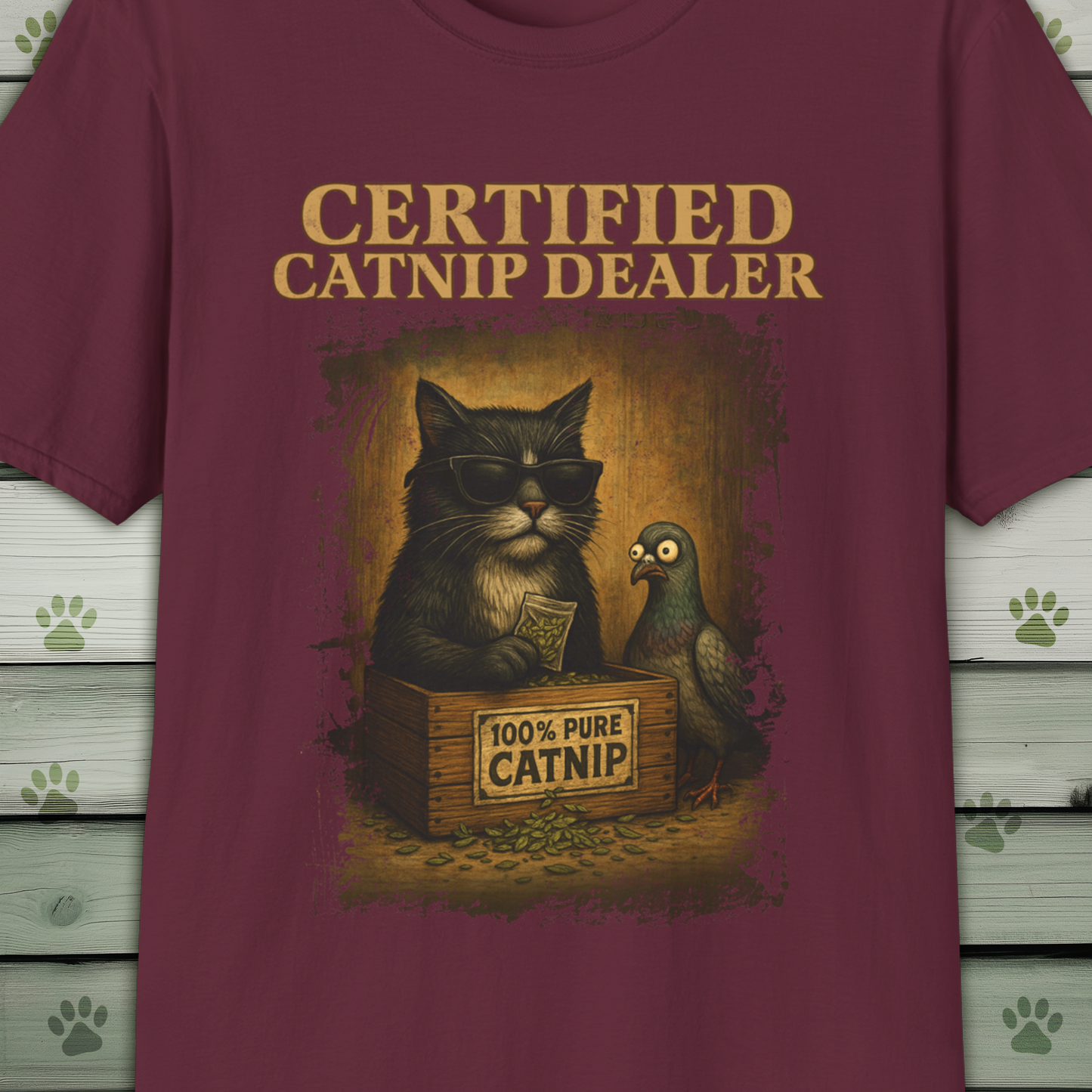 Certified Catnip Dealer T-Shirt – Funny Cat & Pigeon Design