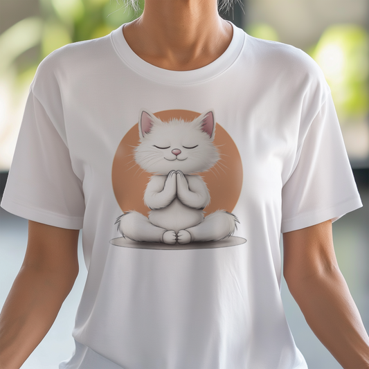 Meditative Buda White Cat T-Shirt