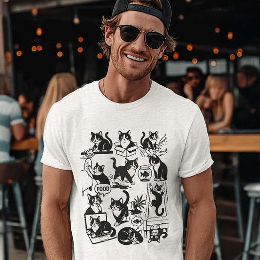 Cat Antics T-Shirt – Funny Black and White Cartoon Cat Design Tee