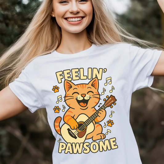 Feelin' Pawsome Funny Cat Guitar T-Shirt
