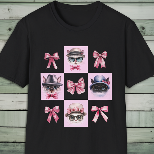 Cat Lover's T-Shirt, Stylish Hat, Glasses, Bow Tie, Pink Bow, Vintage Cat Lady