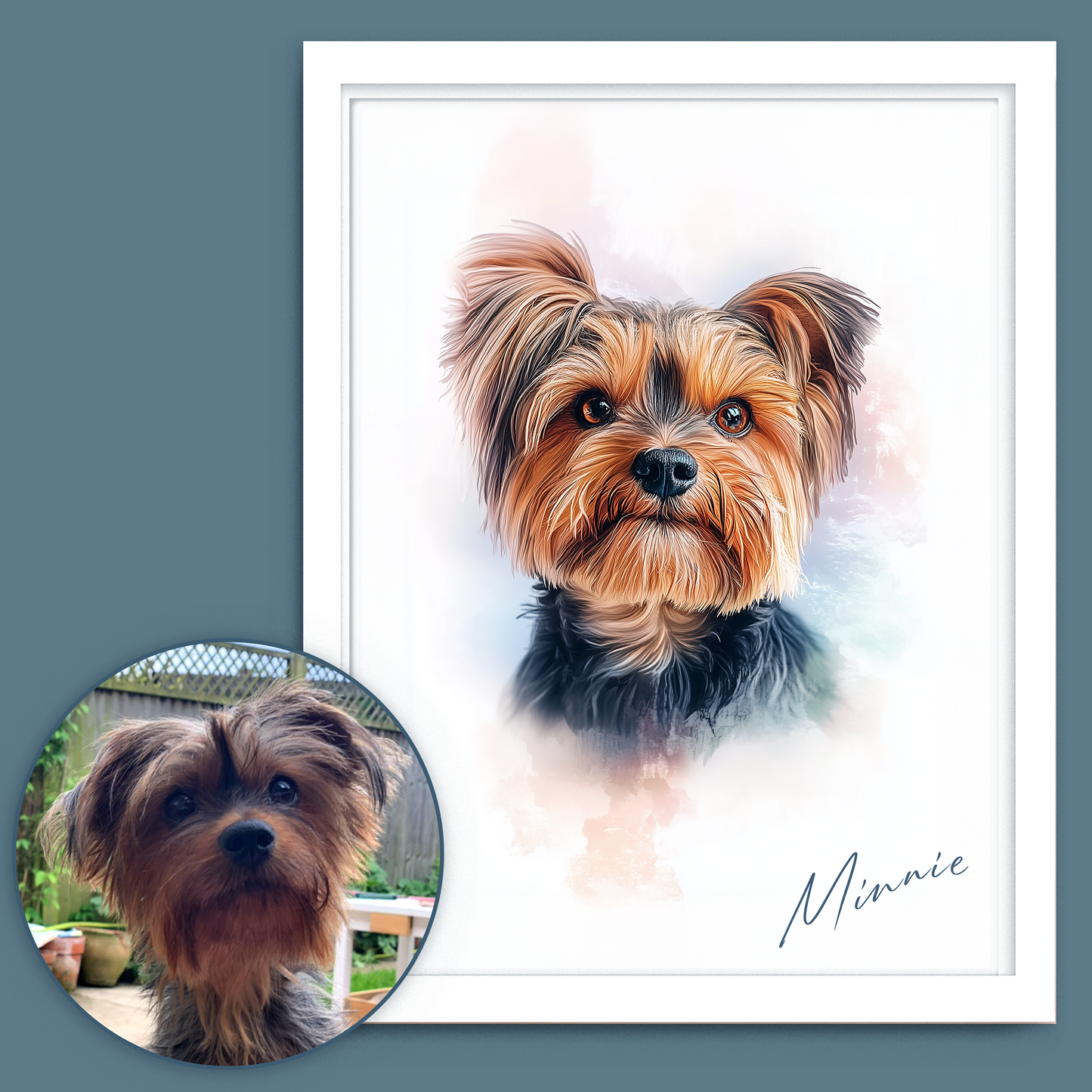 Custom Pet Portrait of your Pet Framed Print Watercolour Style with Name.