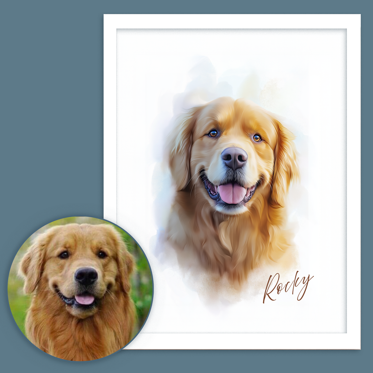 Custom Pet Portrait of your Pet Framed Print Watercolour Style with Name.