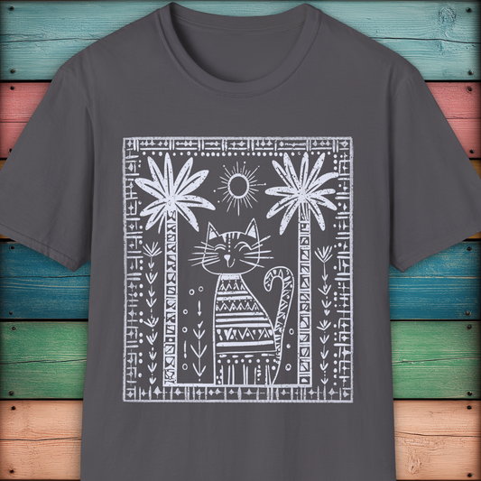 Tribal Cat Under Palms – Boho Minimalist Cat T-Shirt Design