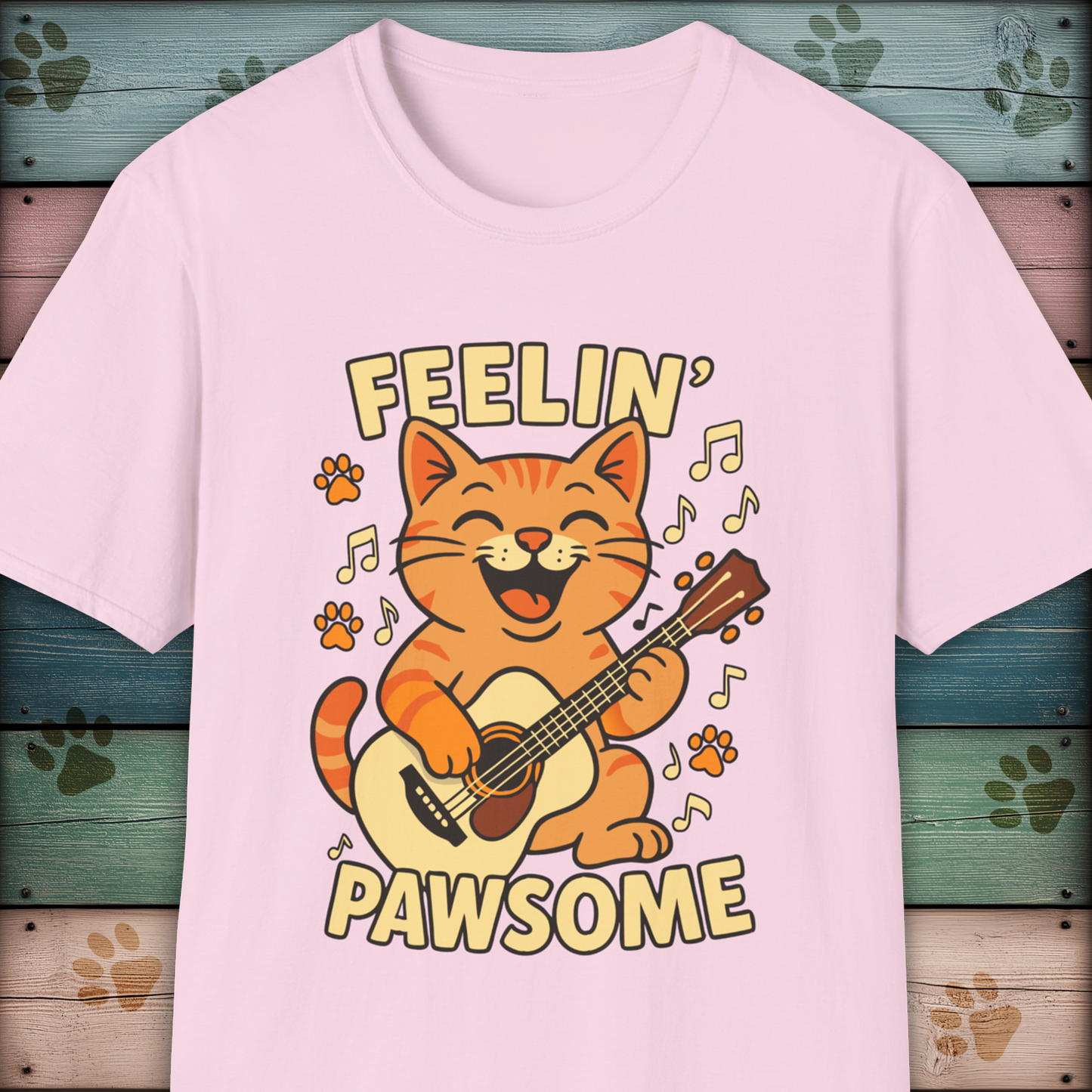 Feelin' Pawsome Funny Cat Guitar T-Shirt