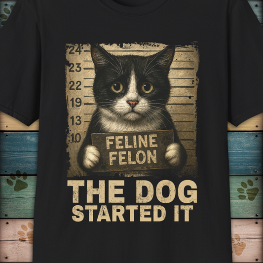 Mugshot T-Shirt – Feline Felon "The Dog Started It"