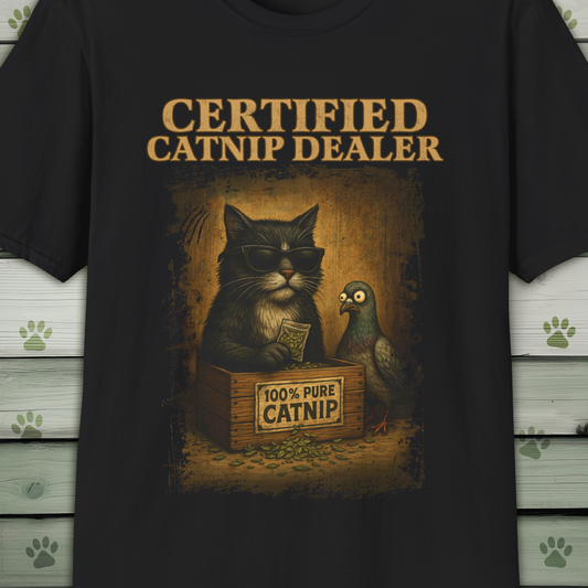 Certified Catnip Dealer T-Shirt – Funny Cat & Pigeon Design