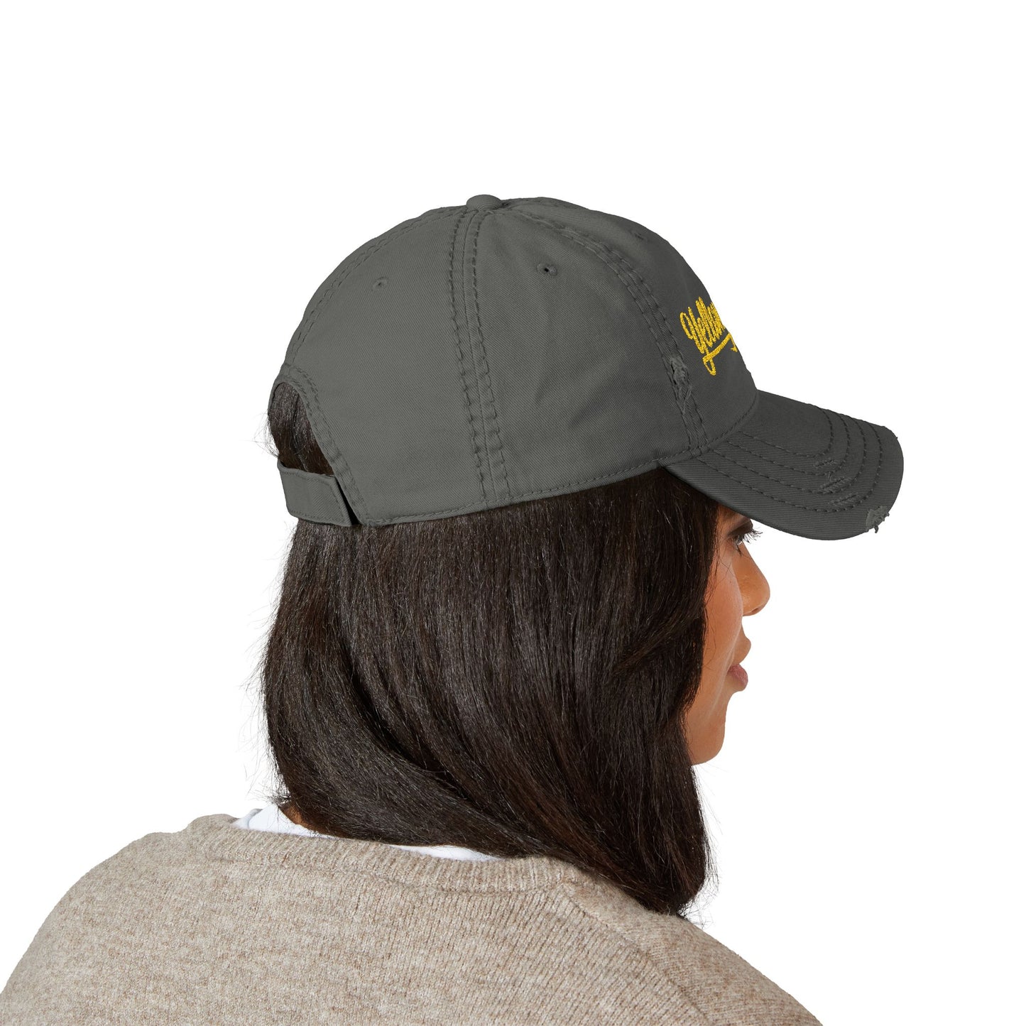 Embroidered Yellowjackets Distressed Cap – Script Logo Vintage Dad Hat