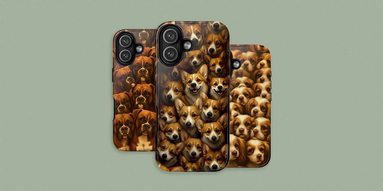 3 phone cases with bulldogs-Corgies-Caviler King Charles illustration on them. On a moss green background.