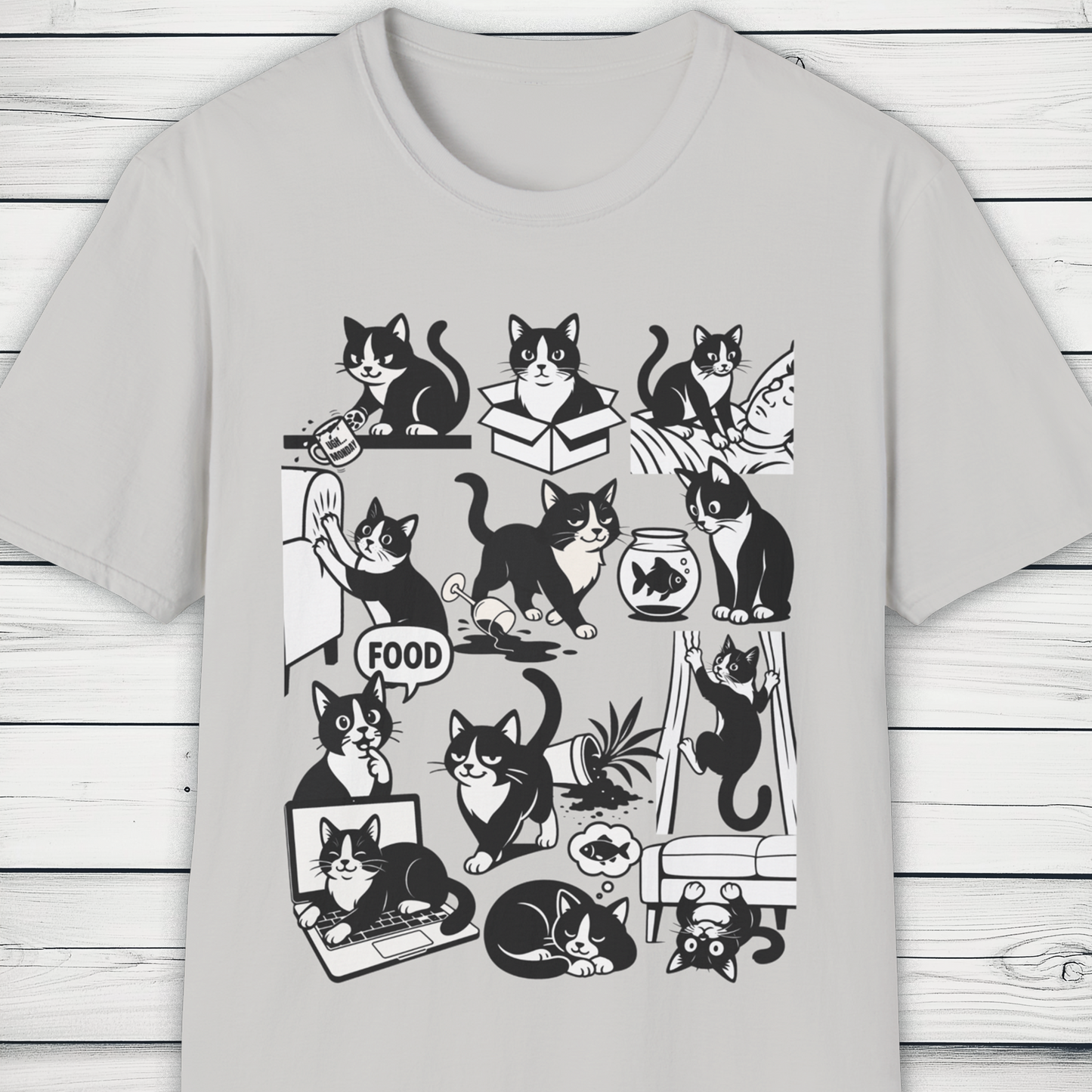 Cat Antics T-Shirt – Funny Black and White Cartoon Cat Design Tee