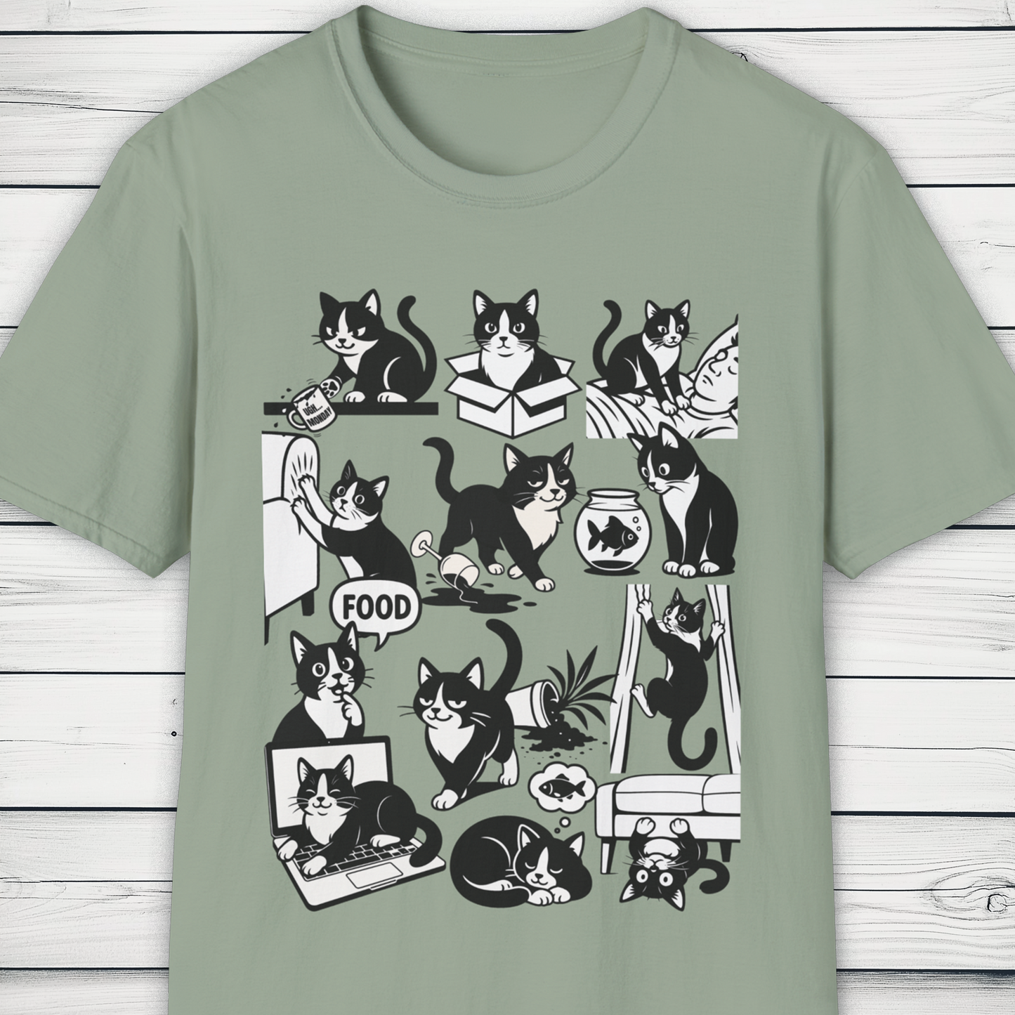 Cat Antics T-Shirt – Funny Black and White Cartoon Cat Design Tee