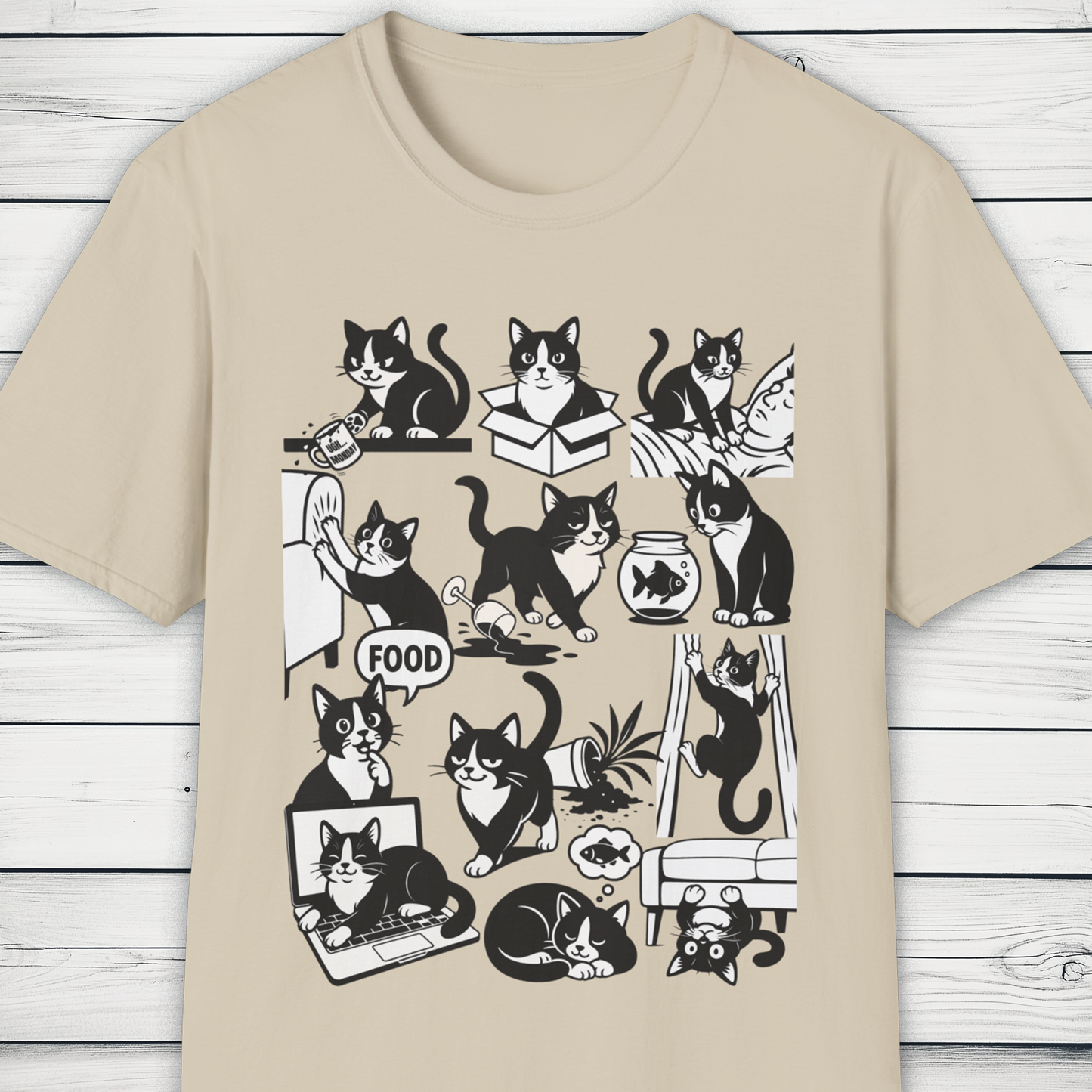 Cat Antics T-Shirt – Funny Black and White Cartoon Cat Design Tee