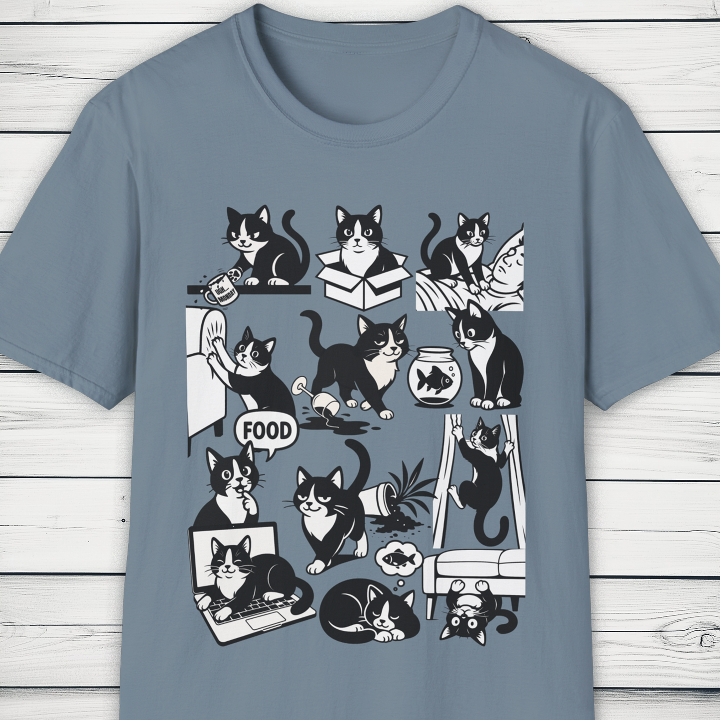 Cat Antics T-Shirt – Funny Black and White Cartoon Cat Design Tee