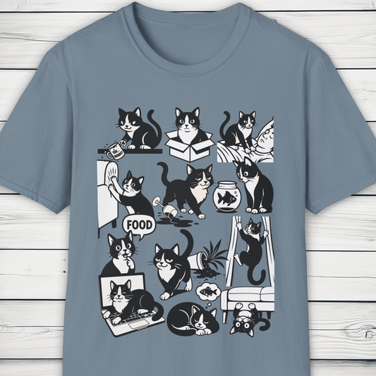 Cat Antics T-Shirt – Funny Black and White Cartoon Cat Design Tee
