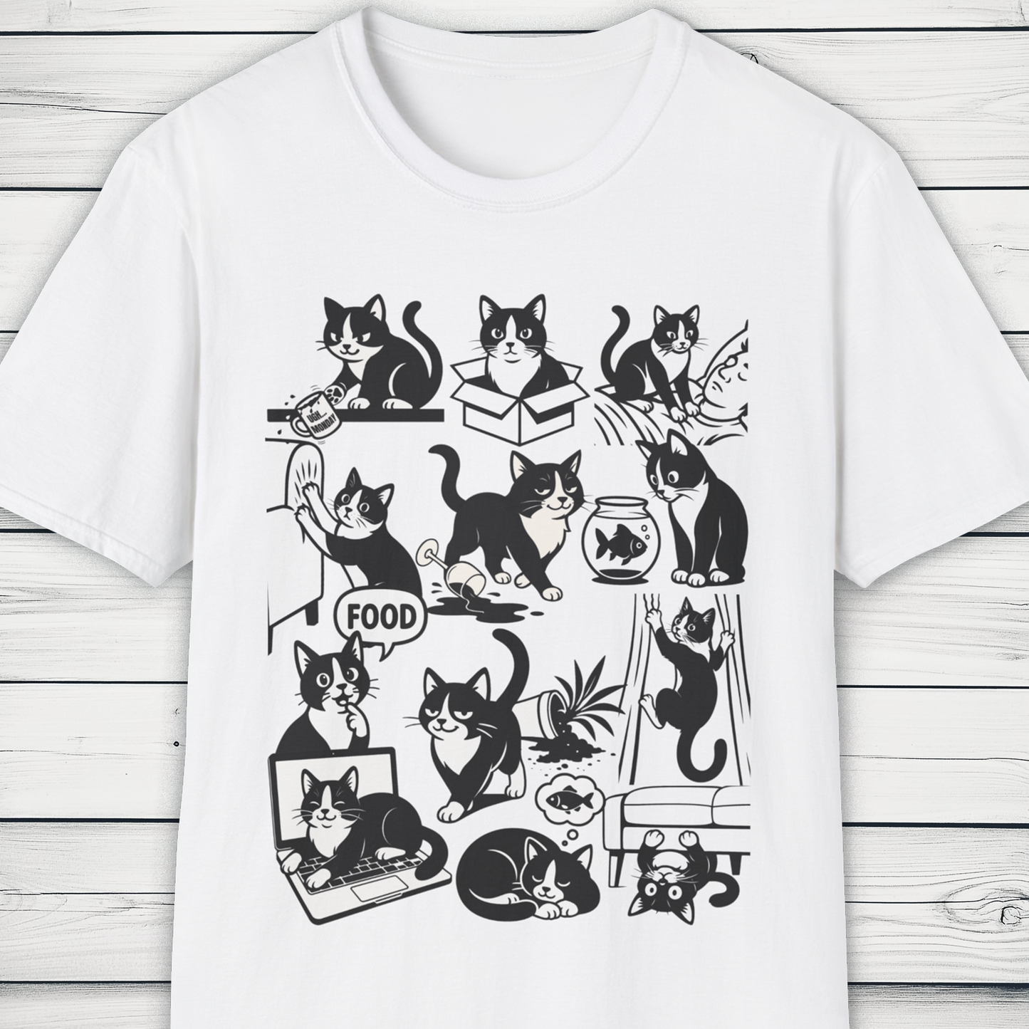 Cat Antics T-Shirt – Funny Black and White Cartoon Cat Design Tee
