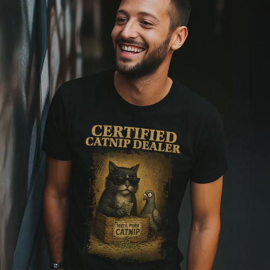 Certified Catnip Dealer T-Shirt – Funny Cat & Pigeon Design